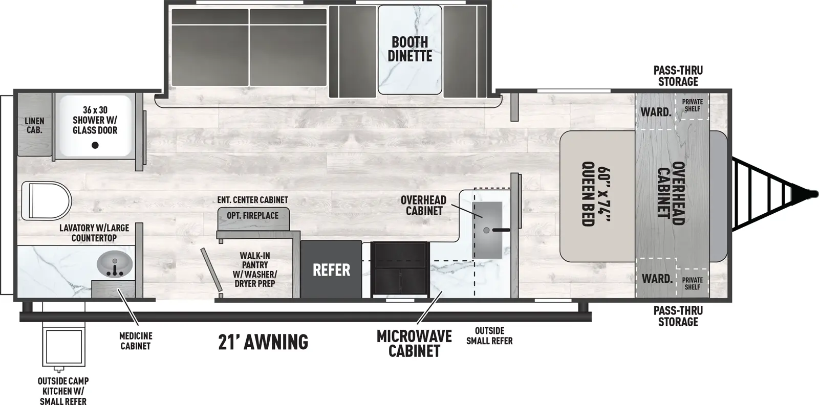 The Viking Travel Trailers 25RB floorplan has one entry and one slide out. Exterior features include: metal exterior, 21' awning and outside kitchen. Interiors features include: front bedroom and rear bathroom.